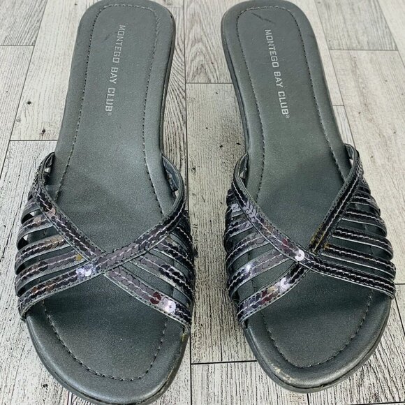 Montego Bay Club Silver Sandals Sequin Wedge Slip On Womens 7 Wedge Strappy Shoe - Picture 4 of 14